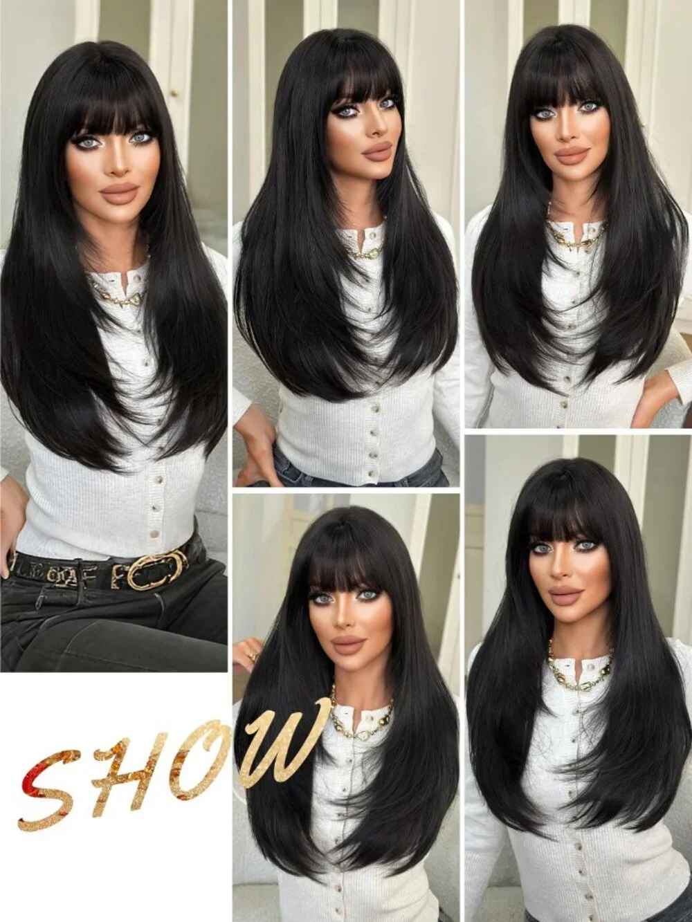 Women's Natural Black 26 Inch Heat Resistant Synthetic Long Straight Wigs Bangs